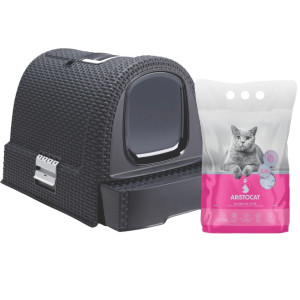 CURVER Katzentoilette grau  + ARISTOCAT Silikatstreu für Katzen 3,8 l