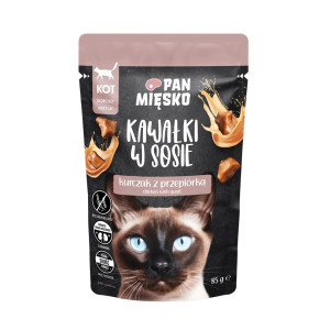 PAN MIĘSKO Nassfutter mit Huhn und Wachtel in Soße für adulte Katzen getreidefrei 85 g