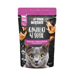PAN MIĘSKO Nassfutter Huhn mit Garnelen Stücke in Soße für adulte Katzen getreidefrei 85 g