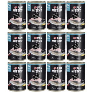 PAN MIĘSKO Nassfutter mit Pute, Dorsch und Kürbiskernen für adulte Hunde hypoallergen 12x400 g