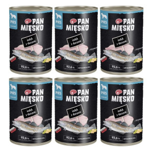 PAN MIĘSKO Nassfutter mit Pute, Dorsch und Kürbiskernen für adulte Hunde hypoallergen 6x400 g