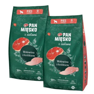 PAN MIĘSKO mit Kräutern Trockenfutter mit Rind und Kaninchen für adulte mittlere Hunde M 2x9 kg