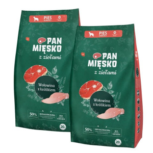 PAN MIĘSKO mit Kräutern Trockenfutter mit Rind und Kaninchen für adulte mittlere Hunde M 2x20 kg