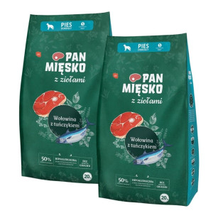 PAN MIĘSKO mit Kräutern Trockenfutter mit Rind und Thunfisch für adulte kleine Hunde S 2x20 kg