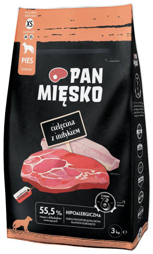PAN MIĘSKO Trockenfutter Kalbfleisch mit Truthahn für adulte Hunde XS hypoallergen 3kg
