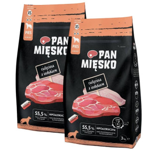 PAN MIĘSKO Trockenfutter mit Kalb und Pute für adulte Hunde XS hypoallergen 2x3 kg