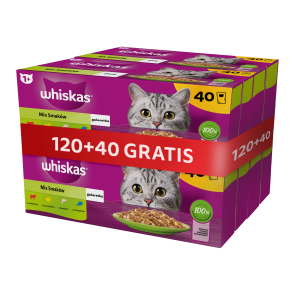 WHISKAS Adult 120x85g Nassfutter für Katzen in Gelee mit Fisch Geschmacks (mit Huhn, Lachs, Rind, Thunfisch) + 40 Beutel GRATIS