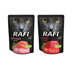 DOLINA NOTECI Rafi Nassfutter mit Lachs 10x300 g + Rind für adulte Katzen getreidefrei 10x300 g
