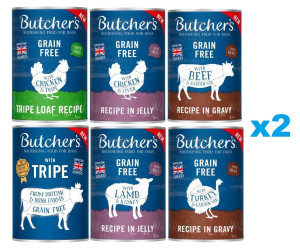 BUTCHER'S Original Mix : in Sauce (Rind, Pute) in Gelee (Huhn, Lamm) Pastete (Pansen, Huhn und Pansen) 12x400g
