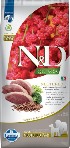 FARMINA N&D Quinoa Dog Neutred Adult Madium & Maxi duck, broccoli & asparagus 12 kg