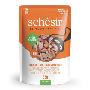SCHESIR Nassfutter Thunfisch und Hähnchen mit Garnele in Gelee für Katzen 6x85 g