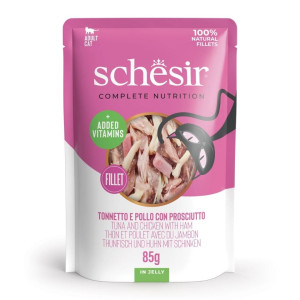 SCHESIR Nassfutter Thunfisch Huhn und Schinken in Gelee für Katzen 6x85 g