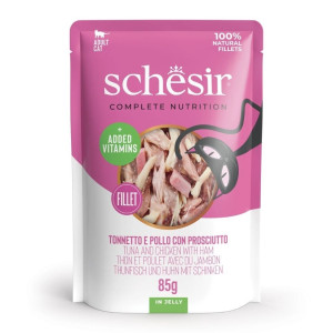 SCHESIR Nassfutter Thunfisch Huhn und Schinken in Gelee für Katzen 12x85 g