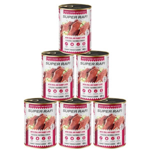 SUPER RAFI Nassfutter mit Kalbfleisch und Kaninchenleber für adulte Hunde getreidefrei 6x400 g