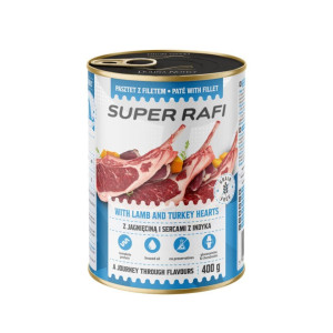 SUPER RAFI Nassfutter mit Lammfleisch und Putenherzen für adulte Hunde getreidefrei 400g