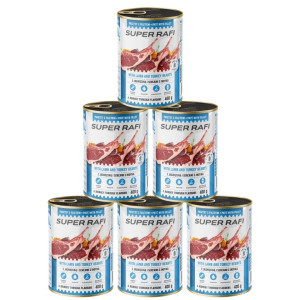 SUPER RAFI Nassfutter mit Lammfleisch und Putenherzen für adulte Hunde getreidefrei 6x400 g