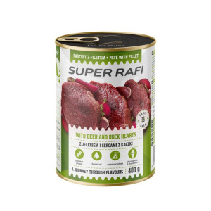 SUPER RAFI Nassfutter mit Hirsch und Entenherzen für adulte Hunde getreidefrei 400 g