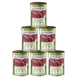 SUPER RAFI Nassfutter mit Hirsch und Entenherzen für adulte Hunde getreidefrei 6x400 g