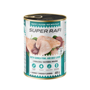 SUPER RAFI Nassfutter mit Perlhuhn und Rinderleber für adulte Hunde getreidefrei 400 g