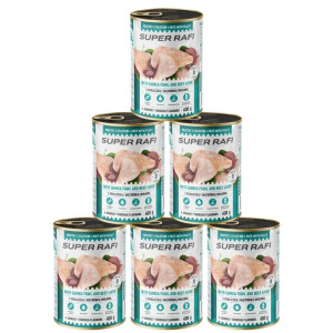 SUPER RAFI Nassfutter mit Perlhuhn und Rinderleber für adulte Hunde getreidefrei 6x400 g