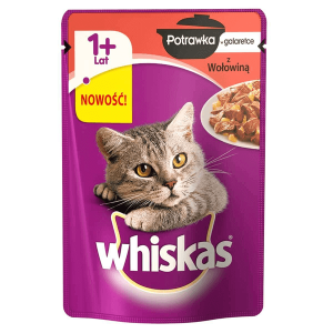WHISKAS Adult Pure Delight Trockenfutter für ausgewachsene Katzen, Rindfleischstücken in Gelee 85 g