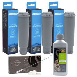 ZESTAW: 3x Spitze Gewinde filtr wody zamiennik do Krups F088 + odkamieniacz Seltino Decalcifier 250ml + tabletki czyszczące Seltino Clean + szczotecz