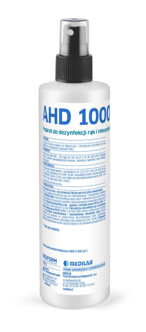 Płyn do dezynfekcji rąk i skóry, atestowany, z dodatkiem alkoholu, butelka 250 ml z atomizerem AHD 1000 Medilab