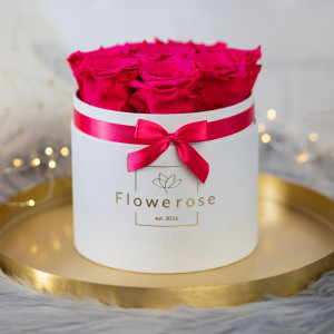 Ciemnoróżowe wieczne róże biały flowerbox CLASSIC M