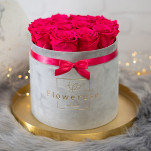 Ciemnoróżowe wieczne róże szary flowerbox VELVET L