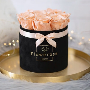 Brzoskwiniowe wieczne róże czarny flowerbox VELVET M