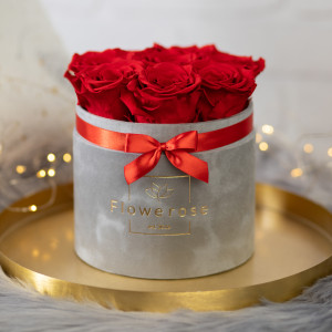Czerwone wieczne róże szary flowerbox VELVET M