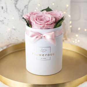 Różowe wieczne róże biały flowerbox CLASSIC S / 3 róże