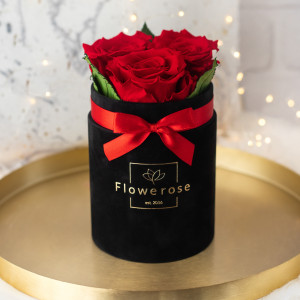Czerwone wieczne róże czarny flowerbox VELVET S / 3 róże