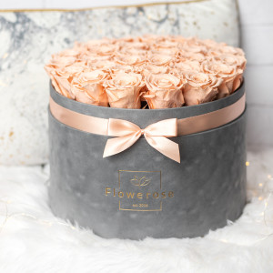 Brzoskwiniowe wieczne róże szary flowerbox VELVET EXCLUSIVE