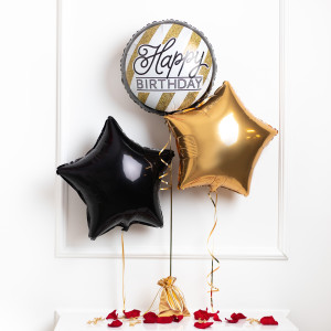 Balony z helem - Happy Birthday, złota gwiazdka, czarna gwiazdka