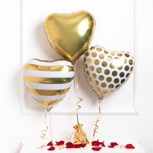 Balony z helem - 3 x serce - złote serce, serce kropki, serce paski