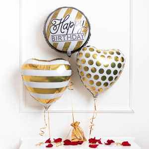 Balony z helem - Happy Birthday , serce kropki, serce paski