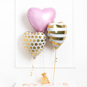 Balony z helem - 3x serce - jasnoróżowe serce, złote kropki, złote paski