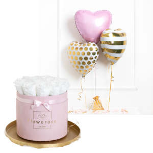 Białe wieczne róże różowy flowerbox VELVET L + 3 x balon serce