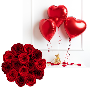 Czerwone i ciemnoczerwone wieczne róże szary flowerbox VELVET L + 3 x balon serce