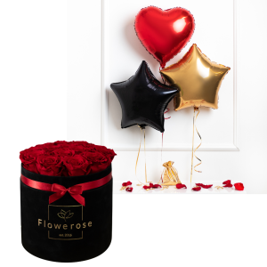 Ciemnoczerwone wieczne róże czarny flowerbox VELVET L + 3 x balon
