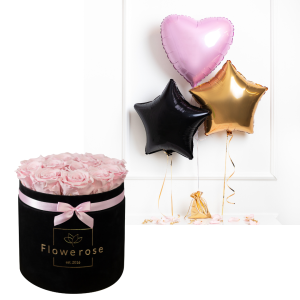 Różowe wieczne róże czarny flowerbox VELVET L + 2 x balon gwiazdka i 1x serce