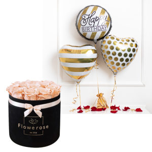 Brzoskwiniowe wieczne róże czarny flowerbox VELVET L + 3 x balon serce i Happy Birthday