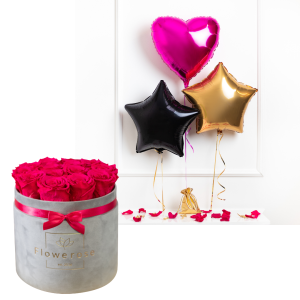 Ciemnoróżowe wieczne róże szary flowerbox VELVET L + 3 x balon