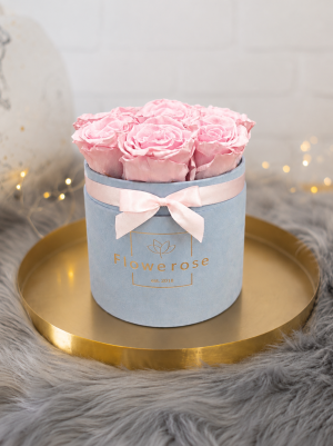Różowe wieczne róże błękitny flowerbox VELVET M