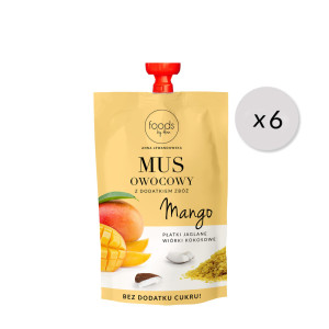 Mus Mango, Płatki Jaglane & Wiórki Kokosowe, 100 g x6 | 100% Składników Roślinnych. Bez dodatku cukru, laktozy i konserwantów. Źródło błonnika.