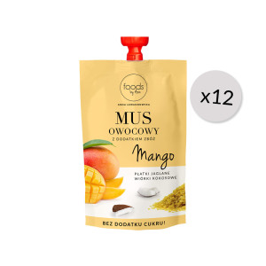 Mus Mango & Płatki Jaglane & Wiórki Kokosowe, 100 g x12 | Naturalna Przekąska bez Dodatku Cukru. Bez dodatku cukru, laktozy i konserwantów.