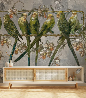 Fototapeta parrots in flowers on a perch