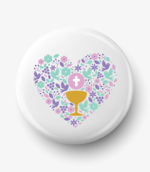 Button komunia serce kwiatki