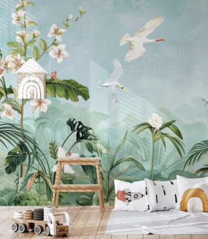 Fototapeta tropical plants and white birds